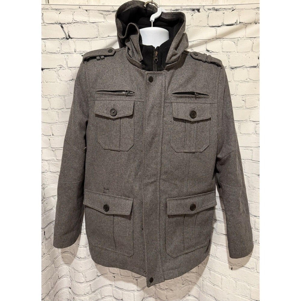 Men’s Structure Wool Blend Coat Grey Jacket Pocket Front Medium